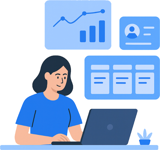 CRM Implementation Services - Woman working on laptop with CRM interface elements